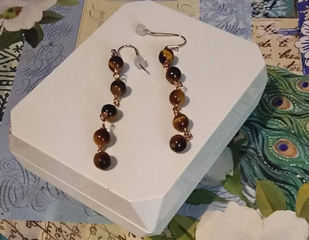 Smooth Hi-Polished Round Tigers Eye Bead Dangle Drop Earrings~18KYGP